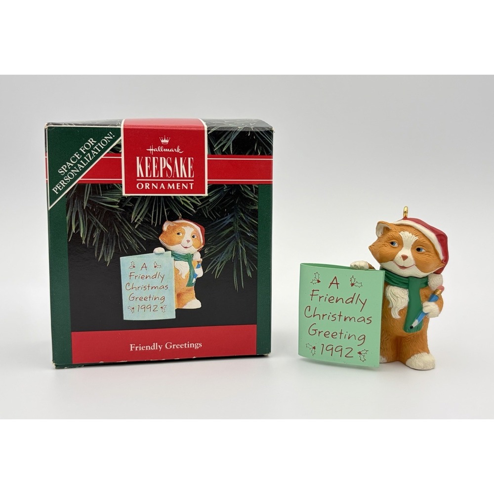 1992 Hallmark Keepsake Ornament Friendly Greetings Cat Card Pen QX504-1 Vintage